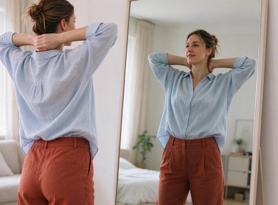 אישה בוגרת בחולצה תכולה ובמכנסיים בגוון חלודה מותחת בעדינות את כתפיה ליד מראה בבית